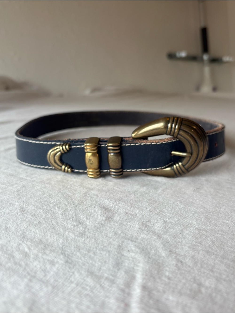 Vintage Liz Claiborne Navy Leather Belt with Antique Gold Buckle